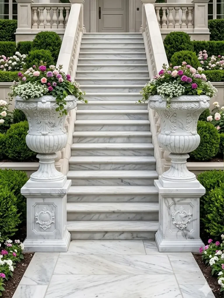 A pair of elegant hand-carved white marble garden urns placed symmetrically at the base of a grand marble staircase, serving as classic architectural accents.