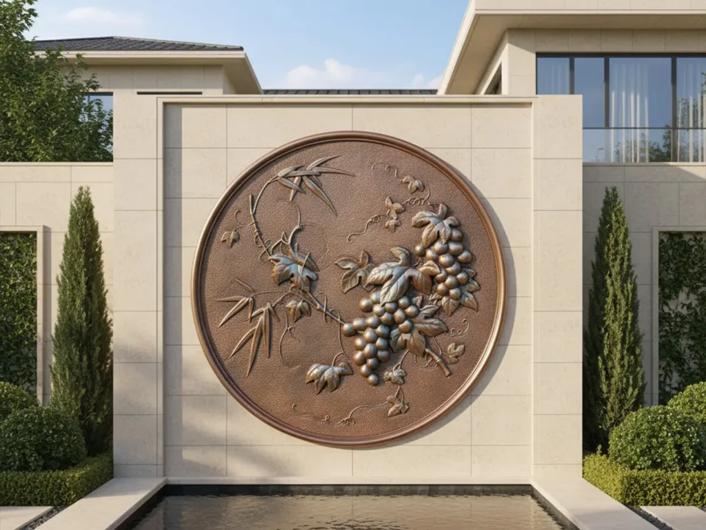 A massive circular copper relief sculpture securely attached to the exterior siding of a modern house. The seamless, flush mounting demonstrates the use of a custom hidden back-frame system for installing heavy metal wall art.