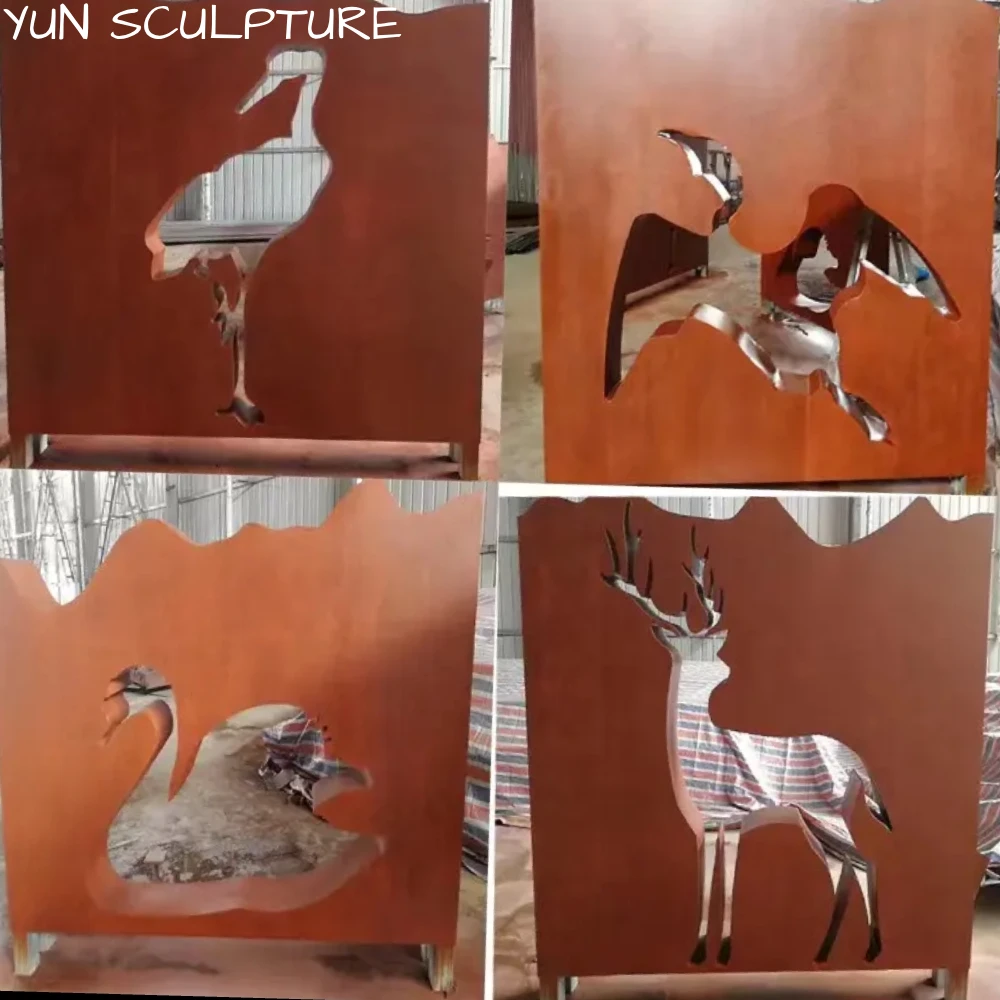 Heavy duty Corten steel panels featuring artistic animal silhouettes, showing how large-scale perforations act as air passages to minimize wind pressure on vertical screens.