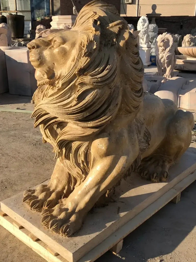 Front-left diagonal perspective of a lifelike vintage yellow marble lion. The natural holes and antique texture of the stone add character to the incredibly detailed sculpture, emphasizing the deep facial expressions and realistic muscle transitions that bring the stone to life.