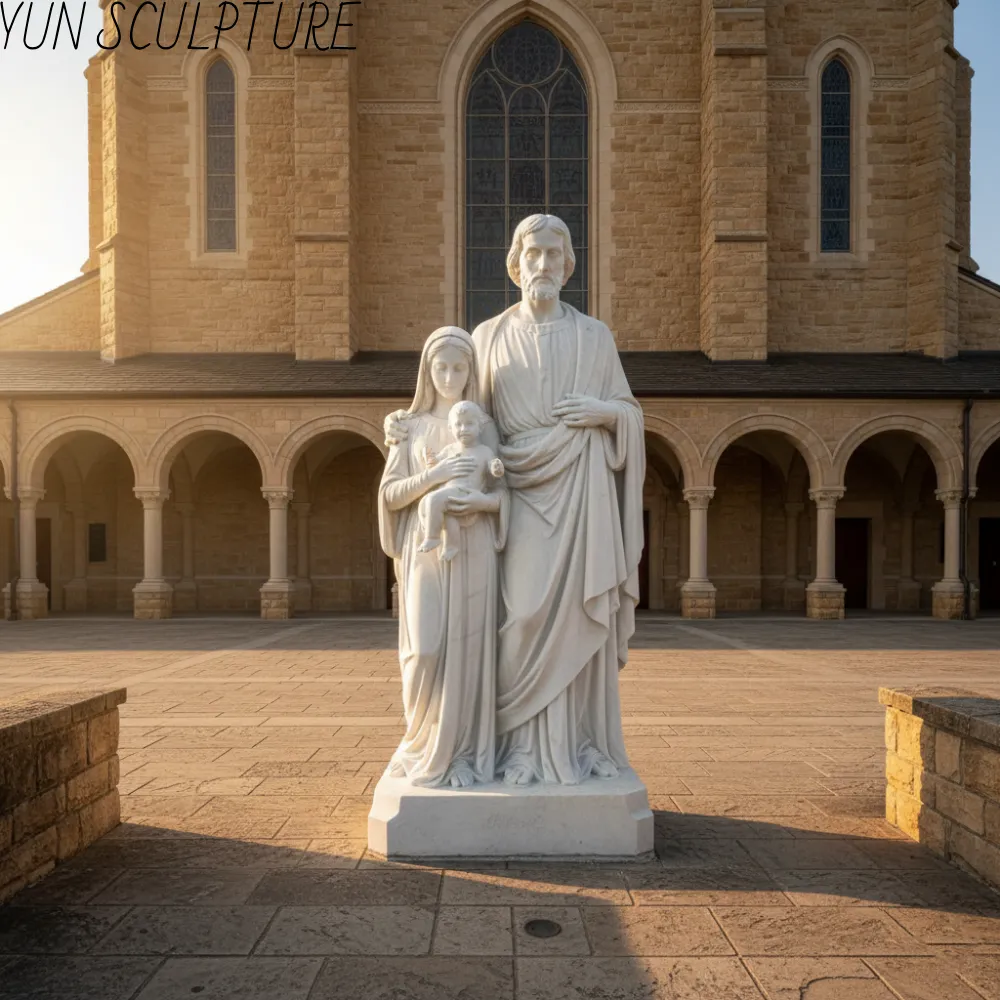 A white marble Holy Family statue in a church plaza, demonstrating the triangular compositional principle with Joseph at the apex and Mary holding the infant Jesus.