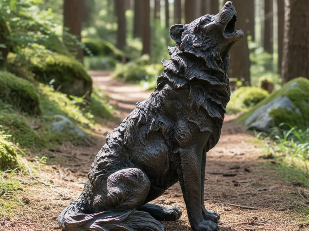 bronze howling wolf statue outdoor garden sculpture