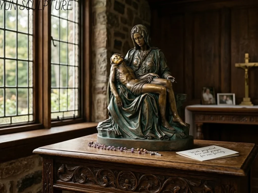 A small-scale bronze Pietà statue showing Mary holding the body of Jesus, placed on a dark wood altar with a crucifix in the background, highlighting the rich, dark patina of the bronze.