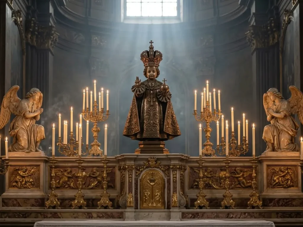 A magnificent Infant Jesus of Prague statue standing on a highly ornate golden Catholic altar, illuminated by ethereal rays of light streaming from above. Flanked by glowing candles and kneeling angels, this sacred figure—also reverently known as the Child of Prague—perfectly captures the quiet radiance and theological mystery of the Divine Infancy.