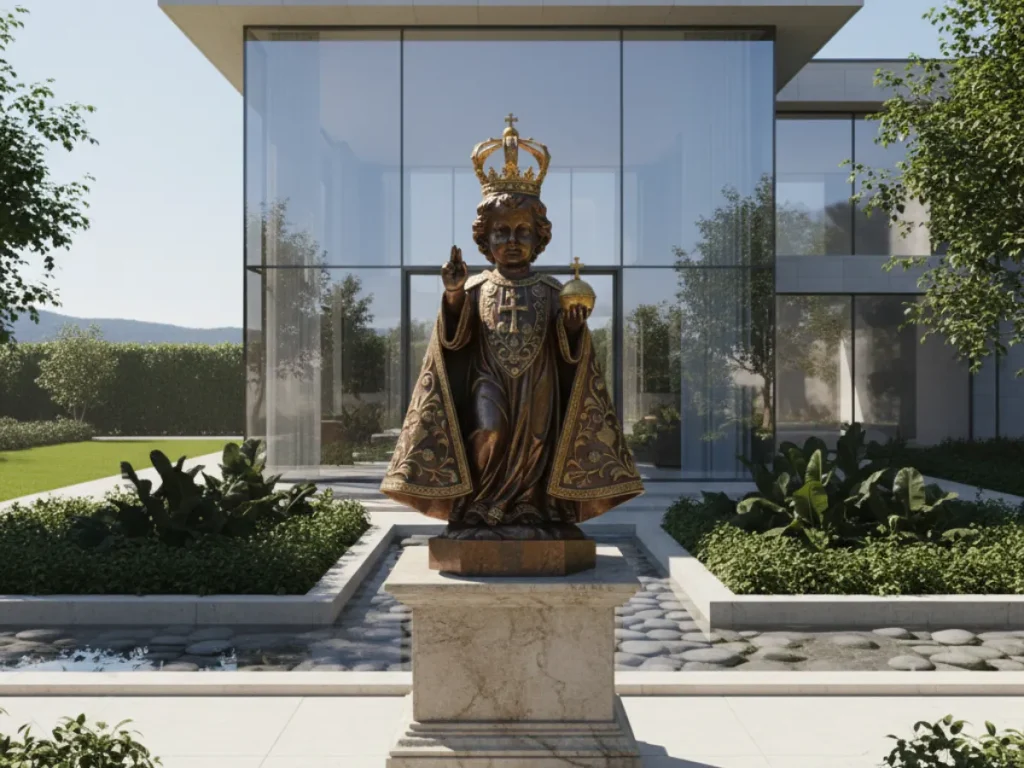 A monumental bronze and gold Infant Jesus of Prague statue standing gracefully on a white marble pedestal in a modern, sunlit outdoor courtyard. Illustrating devotions across borders, this sacred figure—often placed outside homes in Irish tradition to secure clear skies for a wedding—serves as a timeless, quiet global guardian that perfectly embeds the divine presence into contemporary landscape design.