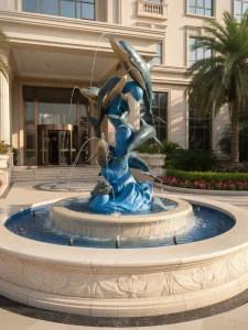 Bronze dolphin pool statues reflecting on water.