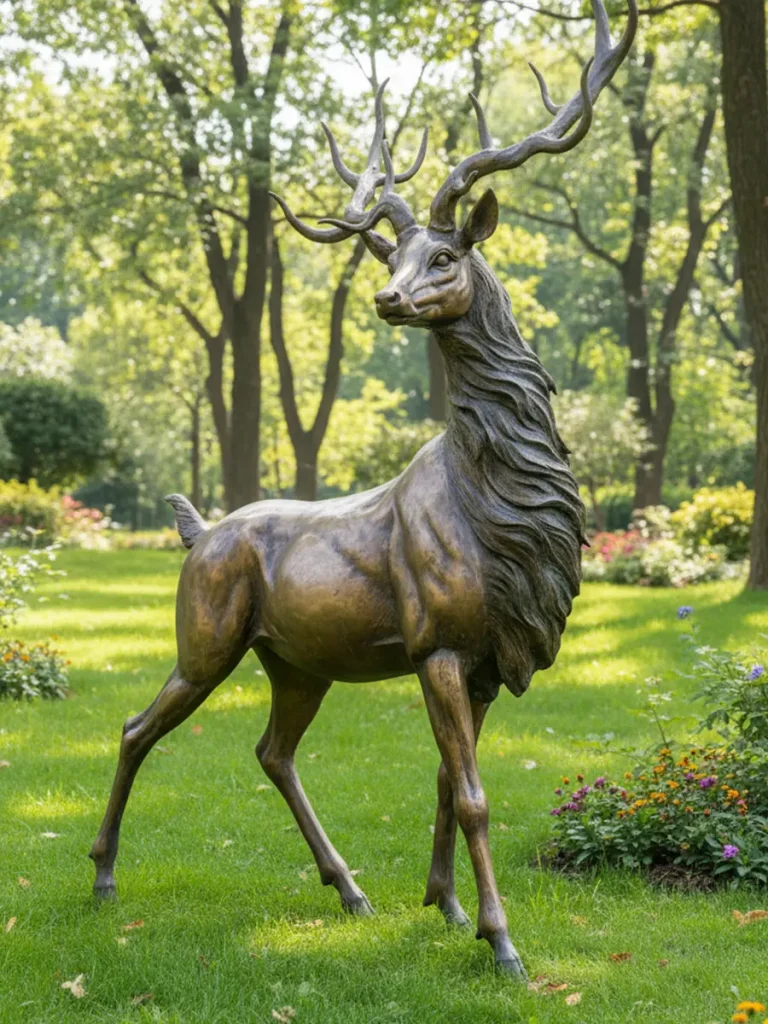 Bronze stag statue with large antlers standing in sunlit garden landscape