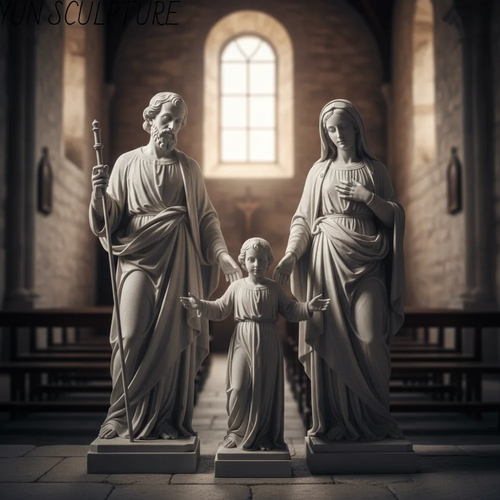 Life-size Jesus Mary and Joseph statue installed in a parish church interior, showing the 180cm figure height and compositional depth.