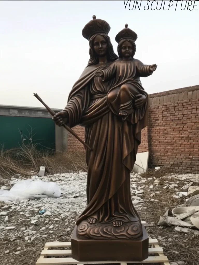 A full-length life-size bronze statue of Mary holding Jesus, designed as a permanent outdoor religious monument for parishes or private estates.
