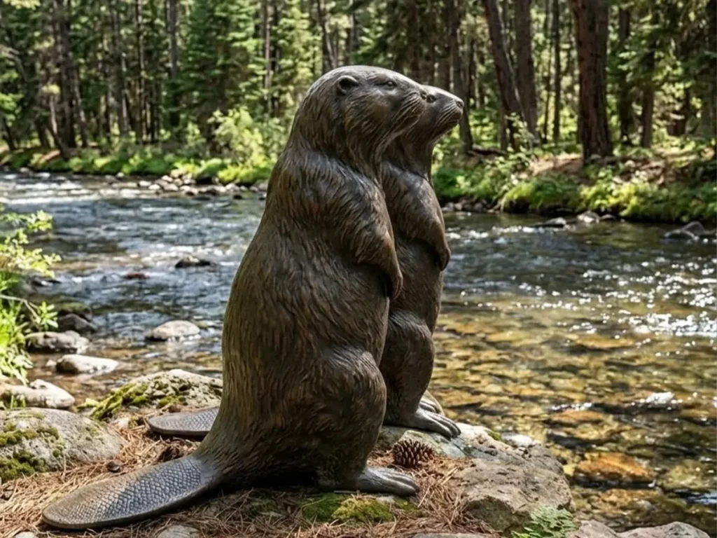 A pair of highly realistic bronze beaver statues standing upright on a rocky riverbank in a lush forest. Placed naturally near a flowing stream, these charming woodland animal sculptures add character to quiet corners and tell a calm story of water and natural ecosystems.
