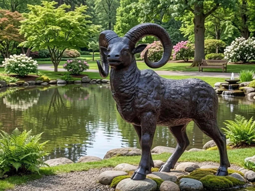 A highly realistic bronze ram sculpture positioned gracefully on a rocky edge beside a serene garden pond. The artwork highlights the striking contrast between the animal's massive spiraled horns and agile body, creating a powerful visual focal point that anchors the landscape design.