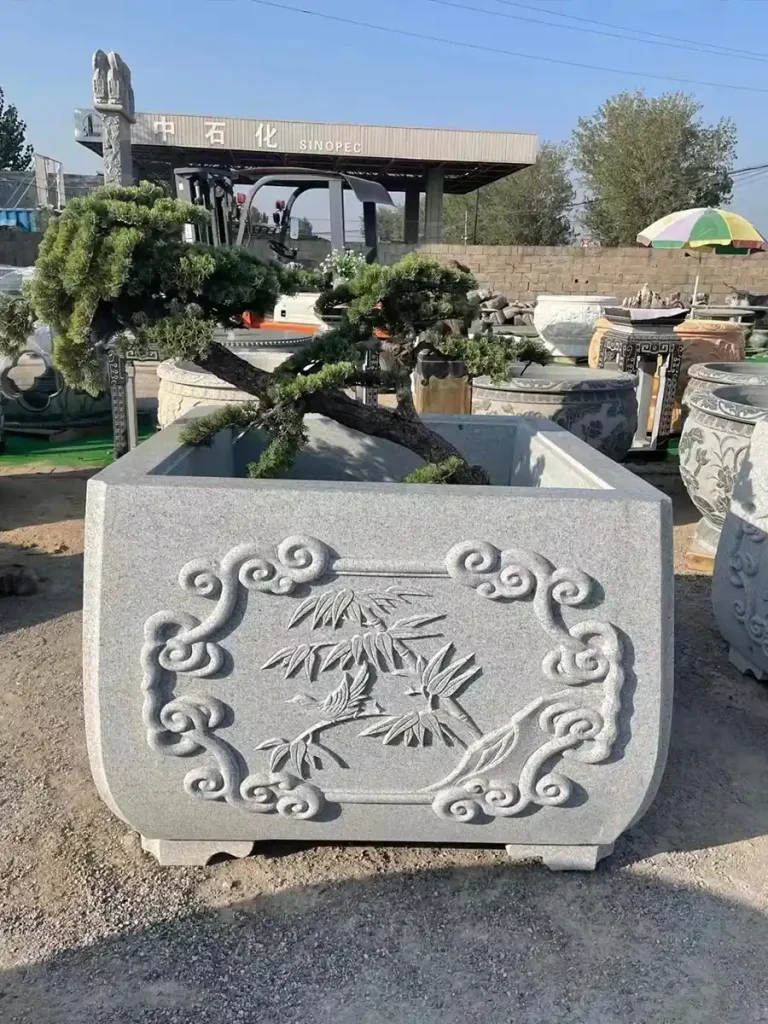 A large stone planter featuring traditional cloud relief carvings and a bonsai tree, demonstrating the blend of natural stone durability and artistic craftsmanship.
