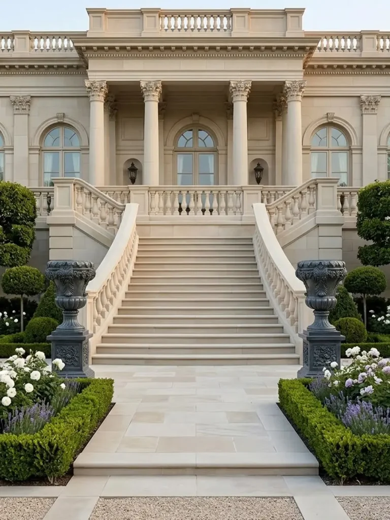 A pair of black granite stone planters symmetrically placed at the base of a grand mansion staircase, enhancing the architectural symmetry of the entrance.