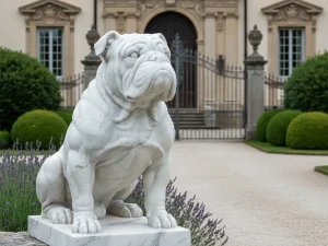 A life-size, hand-carved stone British bulldog garden statue serving as a majestic focal point and entrance guard for a luxury estate.