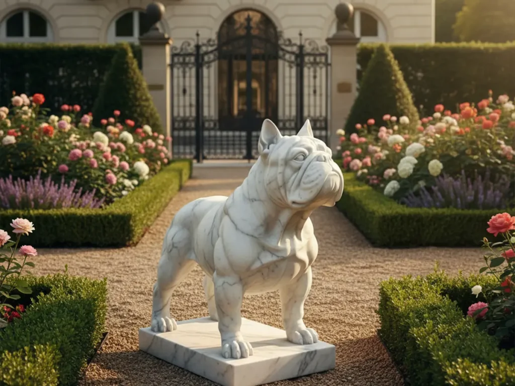 Natural marble bulldog statue guarding the entrance of a luxury mansion