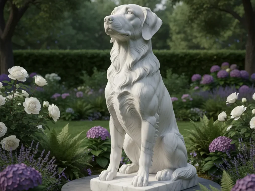 Life-size natural marble dog sculpture in a landscaped garden, hand-carved details highlighting posture and personality, polished white marble with subtle veins, surrounded by flowers and greenery.