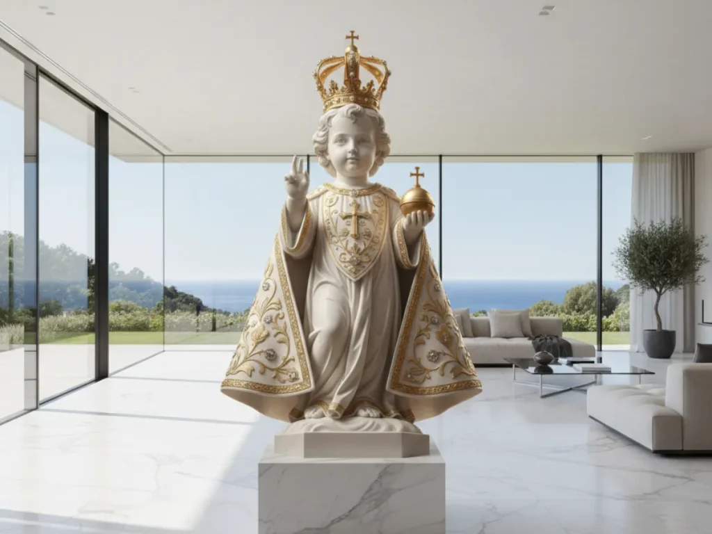 A breathtaking white marble Infant Jesus of Prague statue adorned with intricate gold detailing, standing majestically on a solid stone pedestal in a luxury modern coastal home. Acting as a serene interior sanctuary, the polished planes of this high-quality religious statue softly diffuse natural sunlight, perfectly embodying weight, stillness, and reverence for formal devotional spaces.