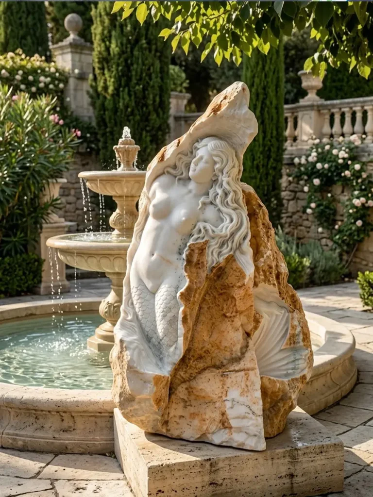 A hand-carved white marble mermaid sculpture installed as a centerpiece in a luxury garden pool area, showing the final aesthetic impact.