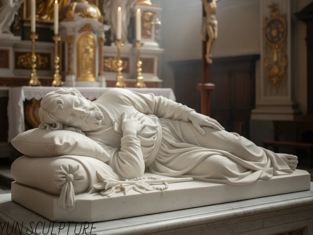 A breathtaking, masterfully carved white marble st joseph sleeping statue resting peacefully before an ornate, softly lit church altar. Completely rejecting mass-produced resin replicas, this majestic statue of st joseph sleeping is shaped by chisels into a permanent theological statement. His serene stillness represents profound surrender and obedience, transforming the solid stone into an enduring architectural object of devotion.