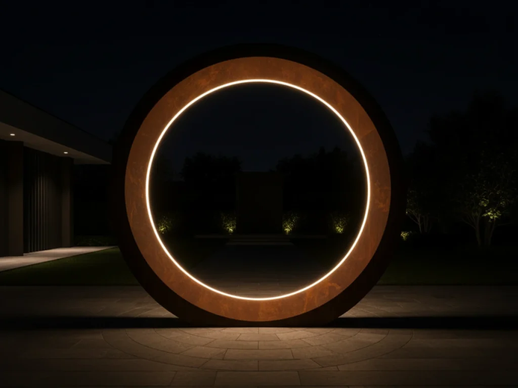 A circular metal moon gate arch illuminated by a concealed linear LED strip, creating a warm white halo effect against a dark garden landscape.