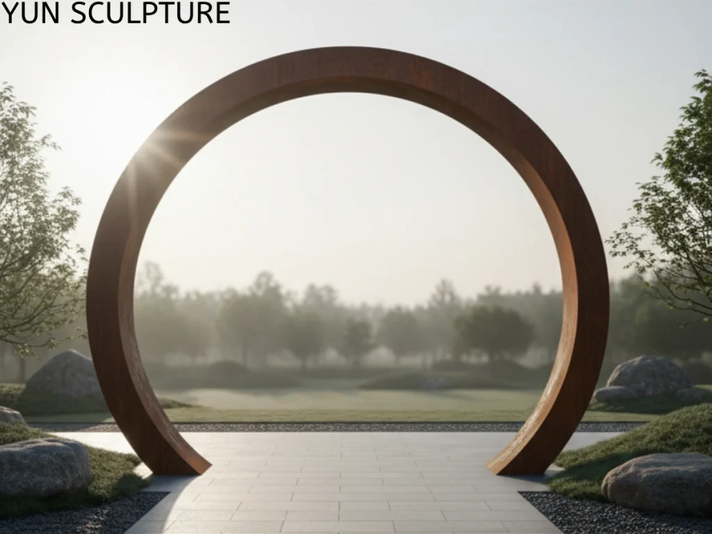Corten steel moon gate ring sculpture framing garden landscape at sunset