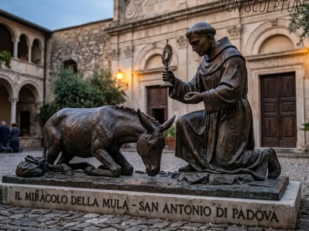 A detailed bronze sculpture of the Miracle of the Mule featuring St. Anthony of Padua and the kneeling animal, an example of a complex liturgical commission for an Italian Catholic community.