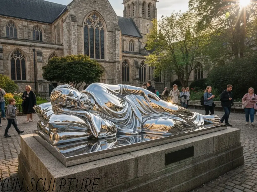  A contemporary sleeping St. Joseph statue made of mirror-polished stainless steel, resting on a stone base in a church plaza. Its highly reflective surface captures the sunlight and surrounding passersby.