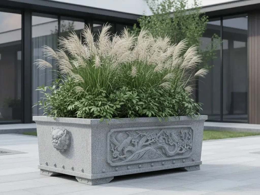 A rectangular granite planter with traditional carvings integrated into a contemporary patio, filled with ornamental grass to define outdoor space and architectural edges.