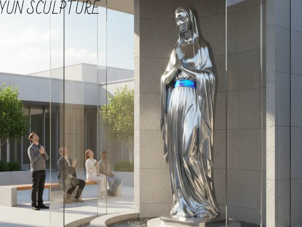 A breathtaking, monumental mirror-polished 316L stainless steel our lady of lourdes hospital statue standing majestically in a contemporary, sunlit glass courtyard where patients and faithful visitors gather to pray. Perfectly illustrating the theological purpose of spiritual reflection, this virtually maintenance-free contemporary grotto landmark features an iconic blue sash achieved through high-tech PVD coating, ensuring the color is deeply fused into the metal's molecular structure for enduring, striking beauty.