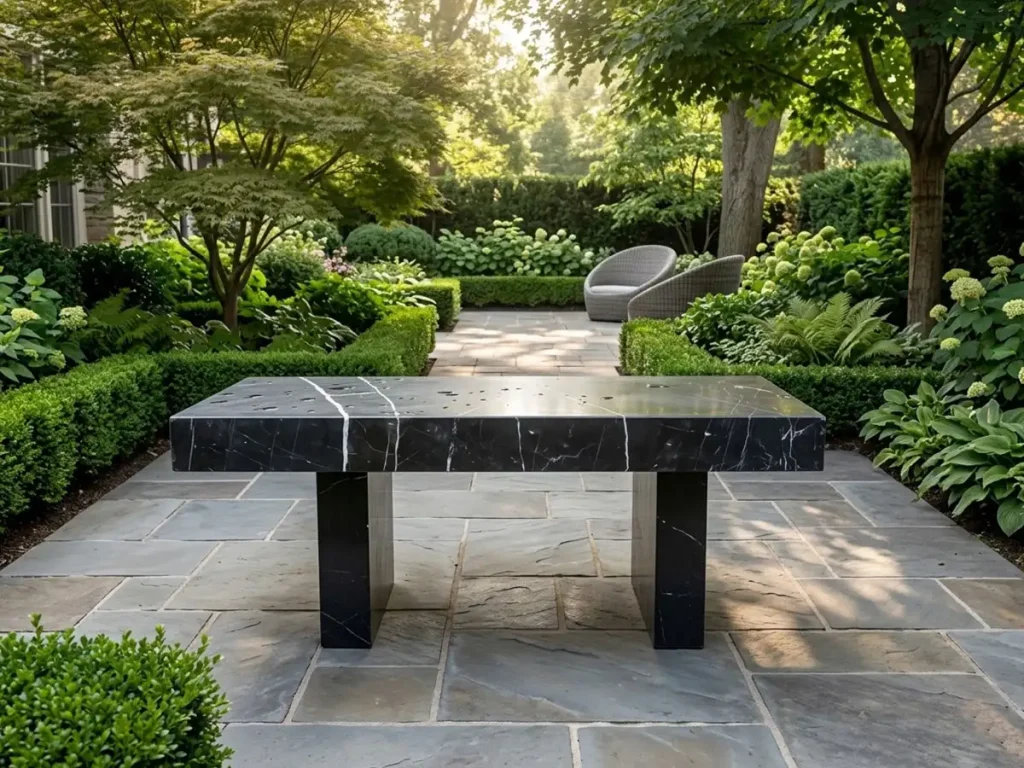 A sleek, modern solid black granite garden table featuring a striking natural white crystalline vein, set on a stone-paved patio. Demonstrating exceptional compressive strength, this zero-maintenance natural stone furniture easily withstands rain, sun, and temperature shifts without rotting or rusting, proving exactly why genuine granite beats wood, metal, and cast stone composites.
