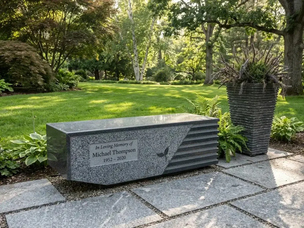 A modern solid granite memorial bench with a sleek, partially polished and fluted design, resting permanently on a stone-paved garden pathway. Paired with a matching dark planter, this heavy natural stone furniture demonstrates exceptional durability and zero maintenance, proving why true granite effortlessly beats wood and metal in enduring decades of outdoor weather without rotting or rusting.
