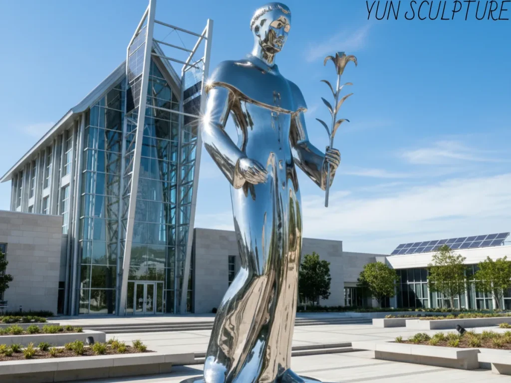 A monumental contemporary stainless steel statue of St. Anthony with a full mirror polish finish, reflecting the modern architecture of a university chapel and demonstrating high tensile strength.