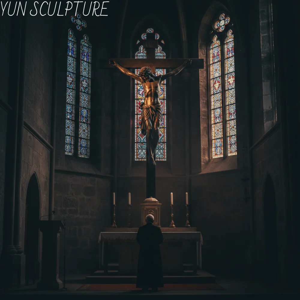 A solitary figure standing in profound reverence before a monumental bronze crucifix in a dimly lit, ancient Gothic church, illuminated by ethereal light streaming through stained glass windows. Capturing the eternal legacy of sacred art, this breathtaking image perfectly embodies the craftsman's wager—that long after the maker is forgotten, this majestic, enduring statue will remain a silent, powerful testament to faith for generations to come.