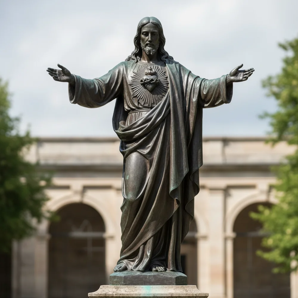 A monumental bronze sacred heart of jesus statue standing outdoors with welcoming, outstretched arms. Known as Cor Jesu Sacratissimum, this highly detailed Vintage Sacred Heart of Jesus statue features the burning symbol of divine love on Christ's chest. Set against a backdrop of classical stone arches, this majestic figure beautifully translates theological doctrine into enduring material, offering profound liturgical authority and architectural presence for any sacred space.