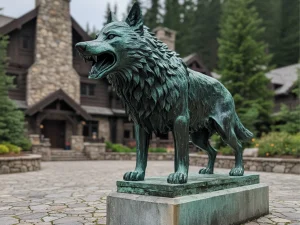 Bronze wolf statue at lodge entrance.