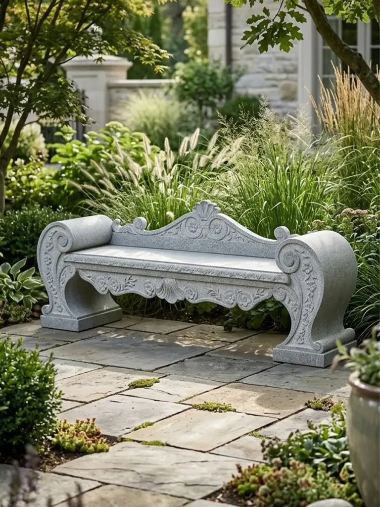 An ornate, solid granite bench featuring intricate floral carvings and scrolling armrests, placed on a stone-paved patio amidst lush garden greenery. Serving as architectural seating, this heavy stone furniture provides visual stability and creates a permanent, quiet resting point that invites pause and reflection in the landscape.
