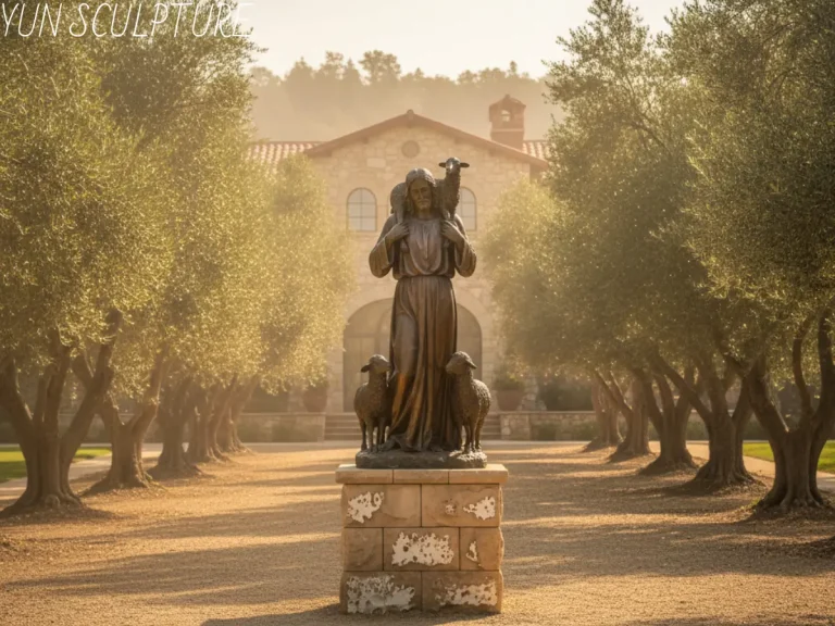 A breathtaking bronze jesus the good shepherd statue standing on a weathered stone pedestal at the end of a mist-covered, tree-lined garden path. Illuminated by soft morning light, the serene figure gently holds a lamb with a patient, downward gaze. This majestic outdoor jesus statue perfectly captures the quiet power of a narrative anchor, transforming a private luxury estate into a deeply personal sanctuary with bespoke garden religious statuary.