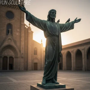 A monumental bronze outdoor risen christ statue standing with outstretched arms in a sunlit church courtyard, with peaceful birds resting on its hands. Unlike fragile fiberglass replicas, this resilient resurrected jesus statue serves as a permanent architectural landmark and a profound declaration of faith, engineered with masterful metallurgy to endure centuries of weather and witness.