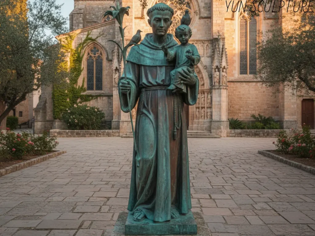 A large-scale outdoor bronze statue of St. Anthony with Infant Jesus, featuring a custom chemical patina for the Franciscan habit and green lily stem, designed by Yun Sculpture for garden and parish courtyards.