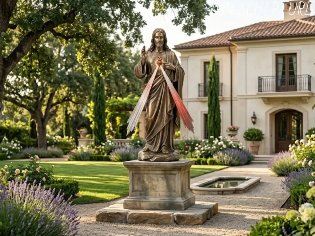 A monumental bronze divine mercy outdoor statue standing confidently as a breathtaking landscape landmark in a sunlit, manicured luxury estate. The iconic outstretched rays and raised blessing hand create a complex windage profile that relies entirely on a hidden, heavy-duty internal stainless steel armature to effortlessly resist extreme weather and hurricane-force winds for generations.