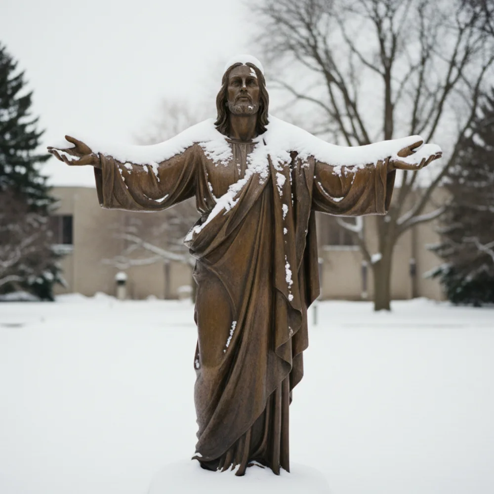 A durable bronze Jesus sculpture in a snowy landscape, showcasing the resilience of outdoor religious monuments for shrines and pilgrimage sites.