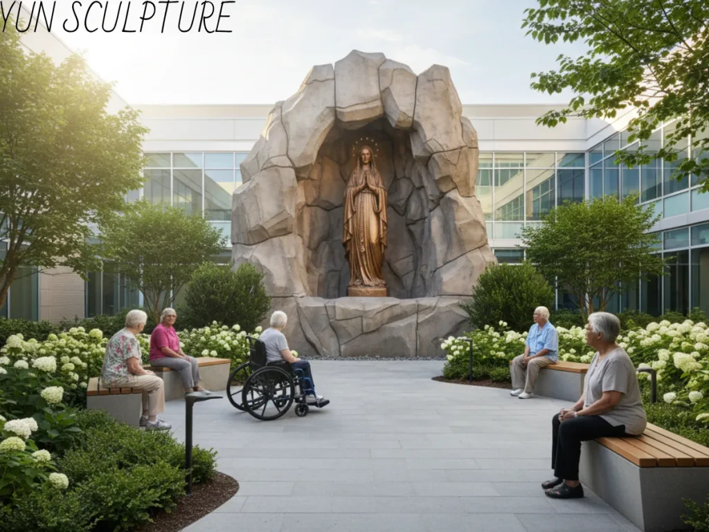 A breathtaking, full-scale outdoor our lady of lourdes statue cast in resilient bronze, majestically positioned within a custom-built rock grotto in a modern healing garden where elderly individuals are resting. This monumental installation demonstrates structural permanence and weather resistance unmatched by stone or cheap painted resin, making it the ultimate landmark choice for open-air grottos.