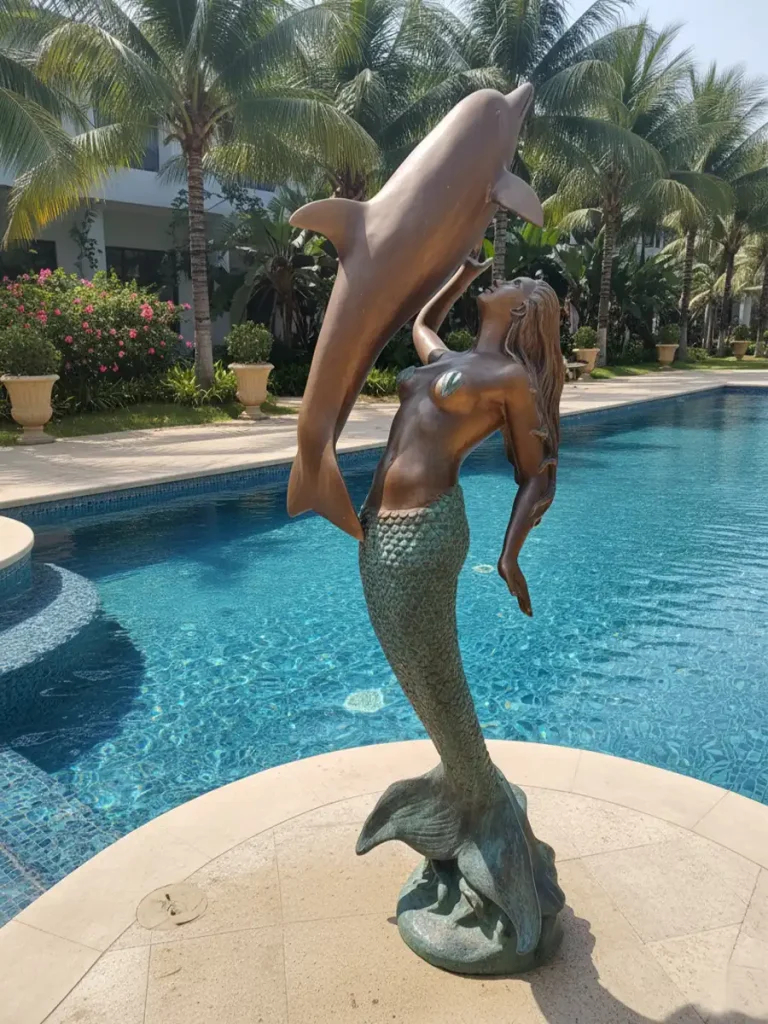 A magnificent large bronze mermaid statue installed at the edge of a luxury swimming pool. Bathed in sunlight, the sculpture reflects warm golden tones across the blue water, appearing less like a decorative object and more like a poetic guardian spirit emerging from the pool itself.
