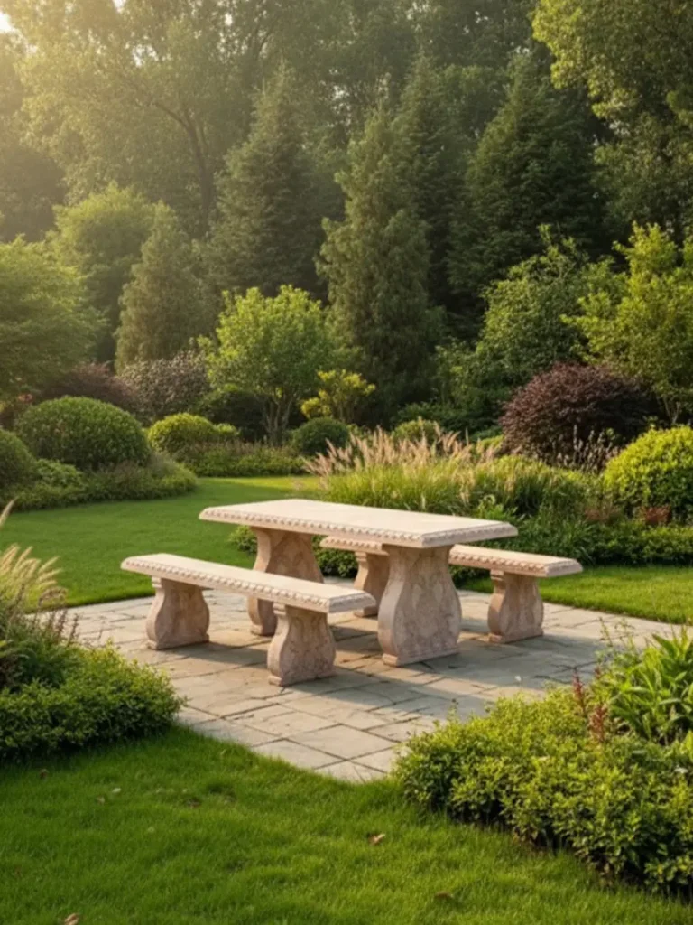 A complete stone garden bench and table set positioned on a square paved patio surrounded by lush forest greenery. This perfectly matched rectangular stone seating area demonstrates how purchasing a unified ensemble ensures cohesion in material and scale, while its heavy mass visually stabilizes the landscape design.