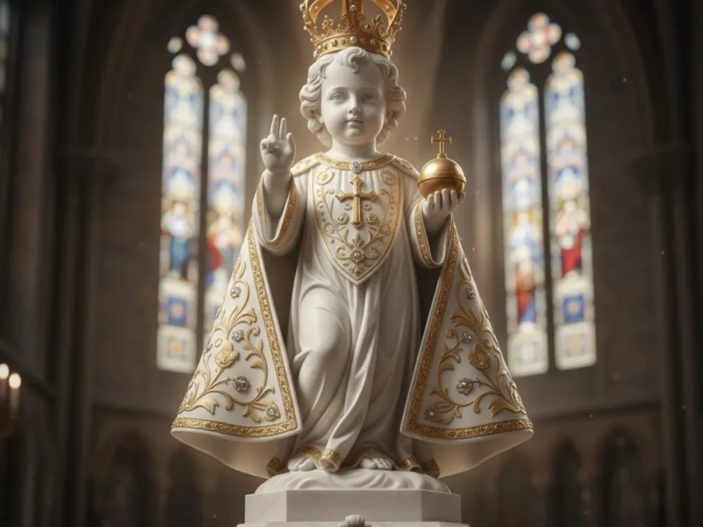 A pristine white marble and gold Infant Jesus of Prague statue standing radiantly before stained glass windows in a church. With its right hand raised in blessing and left hand holding the golden orb, this beautifully restored figure visually embodies the sacred promise heard by Father Cyrillus in 1637: "The more you honor me, the more I will bless you," transforming a once-broken image into an eternal symbol of devotion.