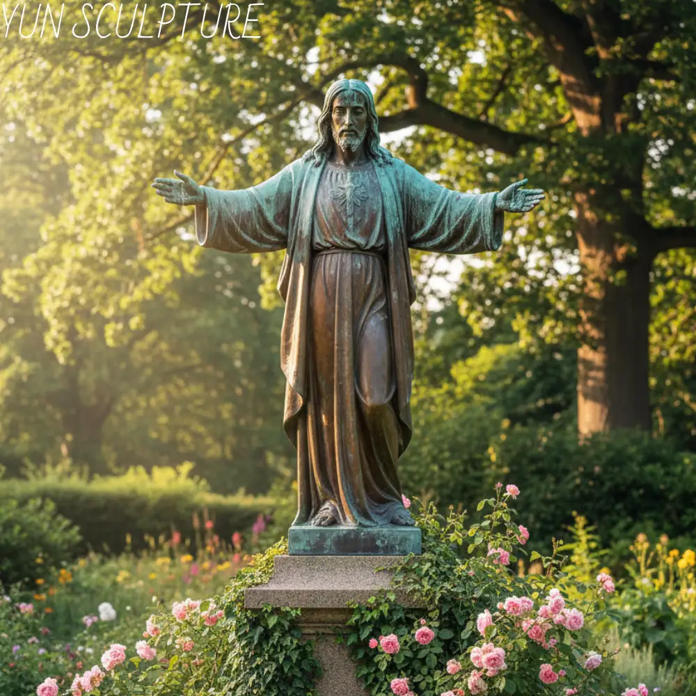 A bronze Risen Christ statue with open arms standing in a lush memorial garden with roses, symbolizing hope and welcome for visitors.