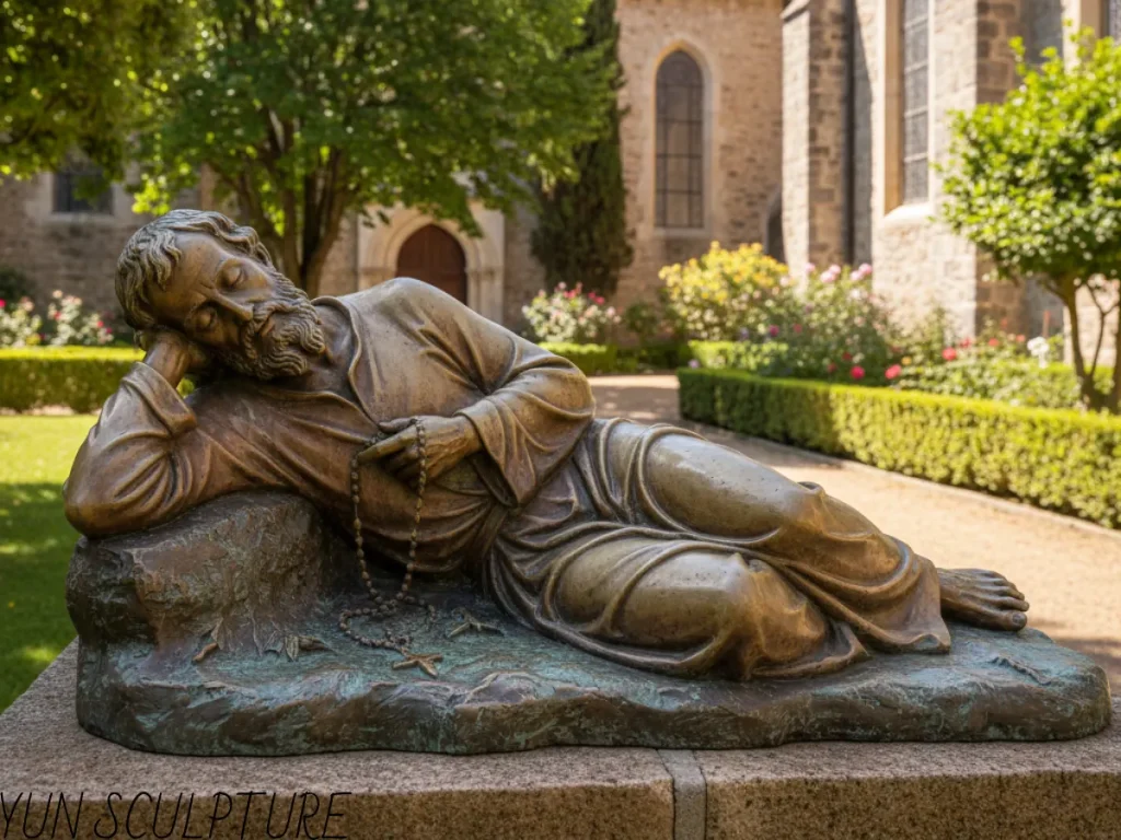 A beautifully crafted bronze sleeping St. Joseph statue in a garden, highlighting the realistic sleep anatomy with a peaceful face, cheek resting naturally on his arm, and half-curled fingers holding a rosary.