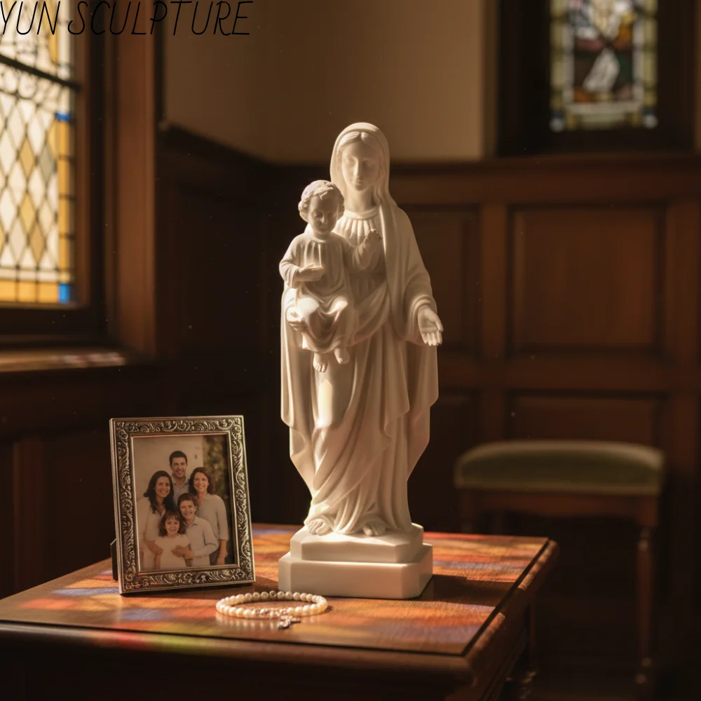 A small marble Holy Family statue for a home prayer desk, illustrating the 20-35cm figure height scale for personal devotional use.