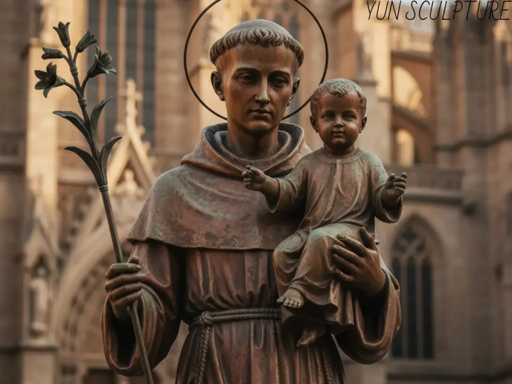 A close-up detail of a cast bronze St. Anthony statue, emphasizing the intricate textures of the Franciscan habit and the serene expression of the saint and Child Jesus.