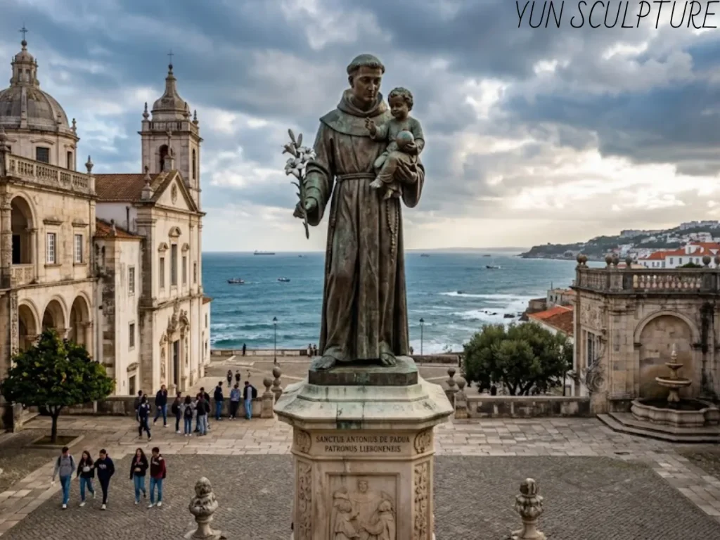 A monumental bronze statue of St. Anthony of Padua holding the Child Jesus and a lily, featuring a weathered green patina and standing in a sunlit church courtyard as a symbol of enduring faith.